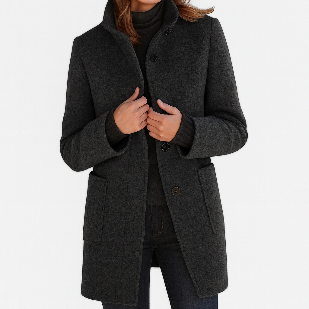 Jacket, Women's High-Collar Button-Front, Hip-Length with Side Pockets, Relaxed Fit