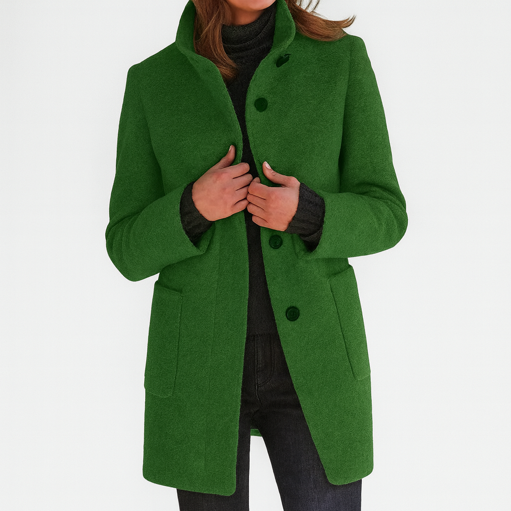 Jacket, Women's High-Collar Button-Front, Hip-Length with Side Pockets, Relaxed Fit