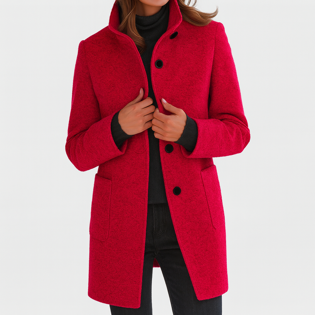 Jacket, Women's High-Collar Button-Front, Hip-Length with Side Pockets, Relaxed Fit