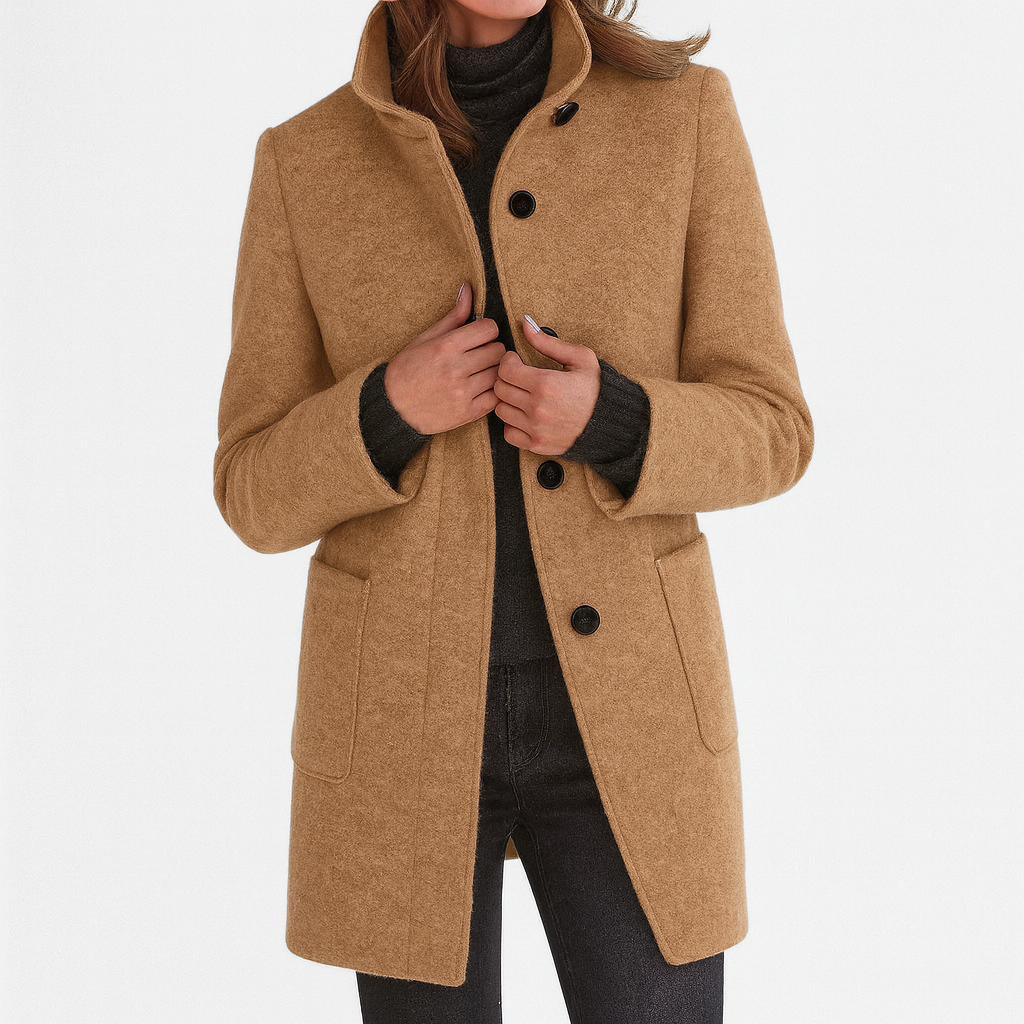 Jacket, Women's High-Collar Button-Front, Hip-Length with Side Pockets, Relaxed Fit