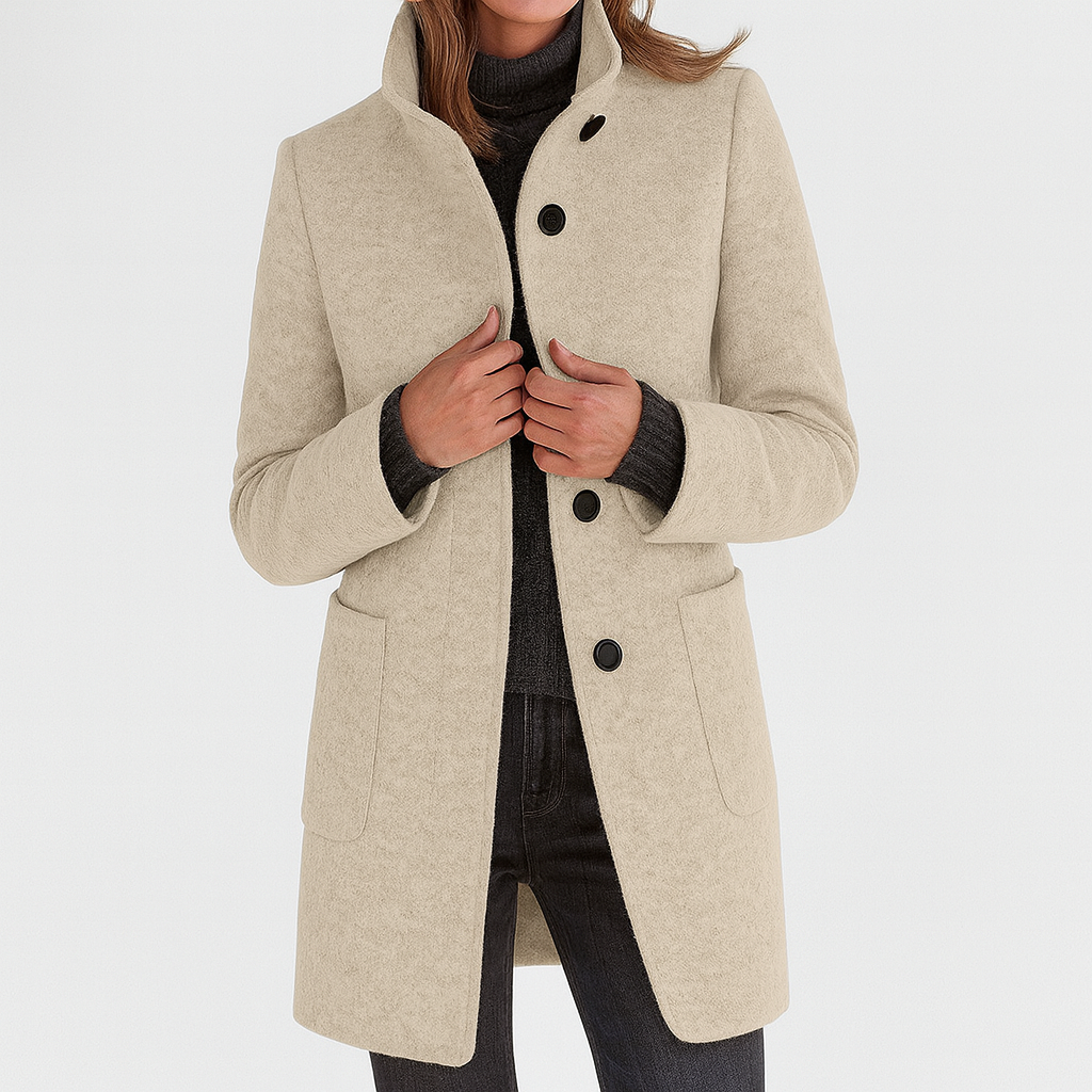 Jacket, Women's High-Collar Button-Front, Hip-Length with Side Pockets, Relaxed Fit