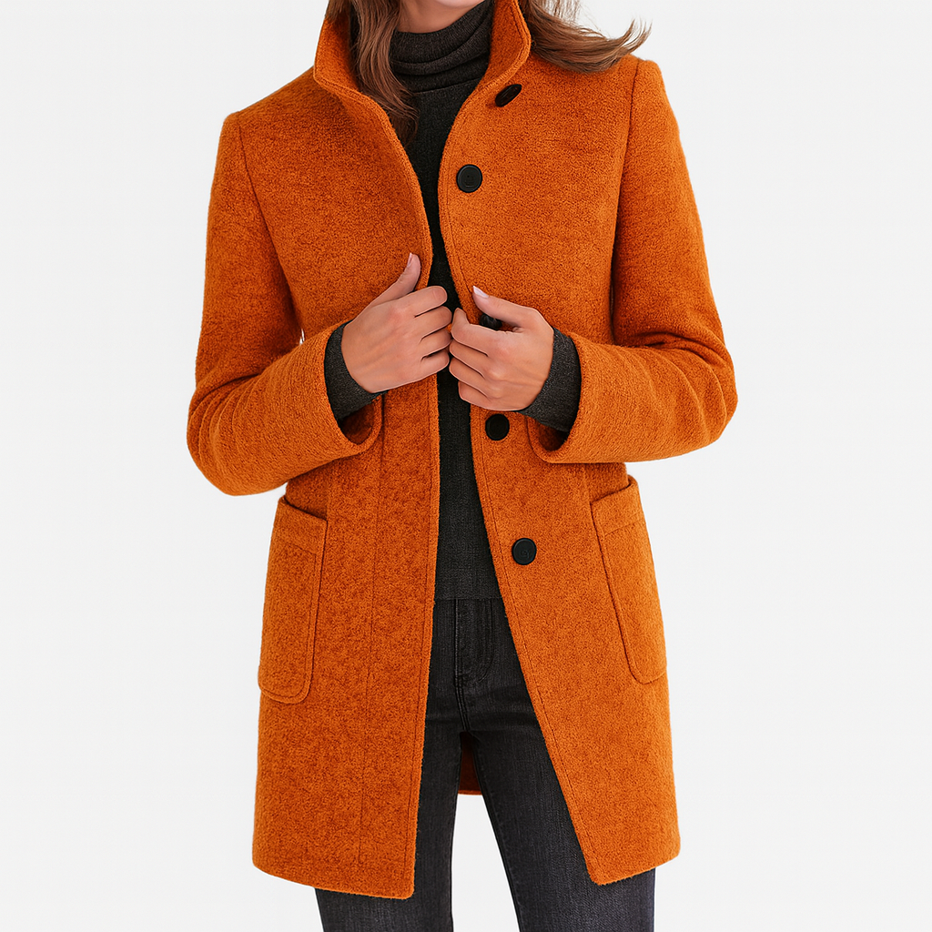Jacket, Women's High-Collar Button-Front, Hip-Length with Side Pockets, Relaxed Fit