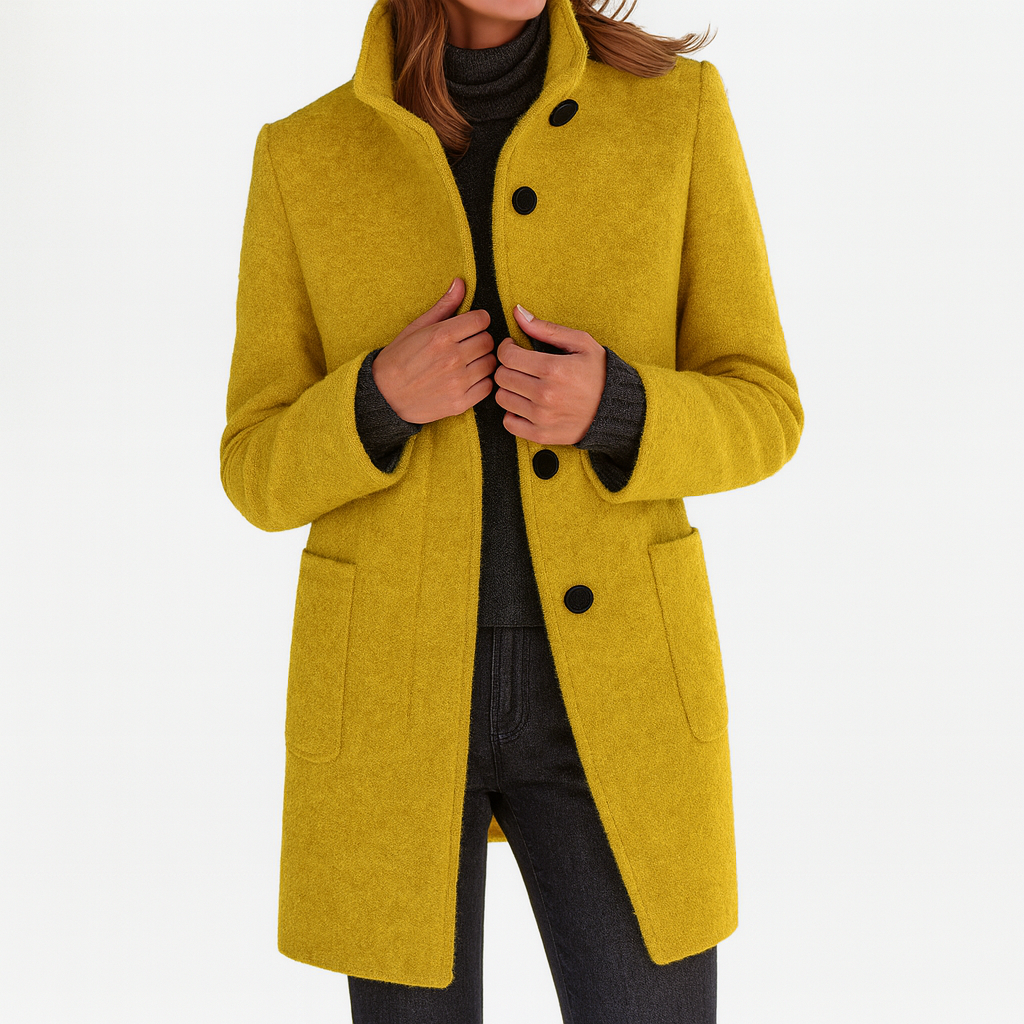 Jacket, Women's High-Collar Button-Front, Hip-Length with Side Pockets, Relaxed Fit