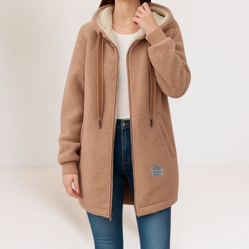 Jacket - Women's Hooded Longline with Zip Front, Drawstring Hood, Patch Pockets & Ribbed Cuffs, Relaxed Fit