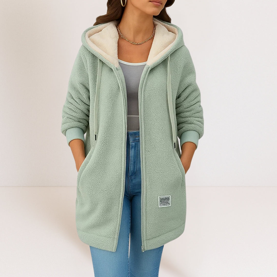 Jacket - Women's Hooded Longline with Zip Front, Drawstring Hood, Patch Pockets & Ribbed Cuffs, Relaxed Fit
