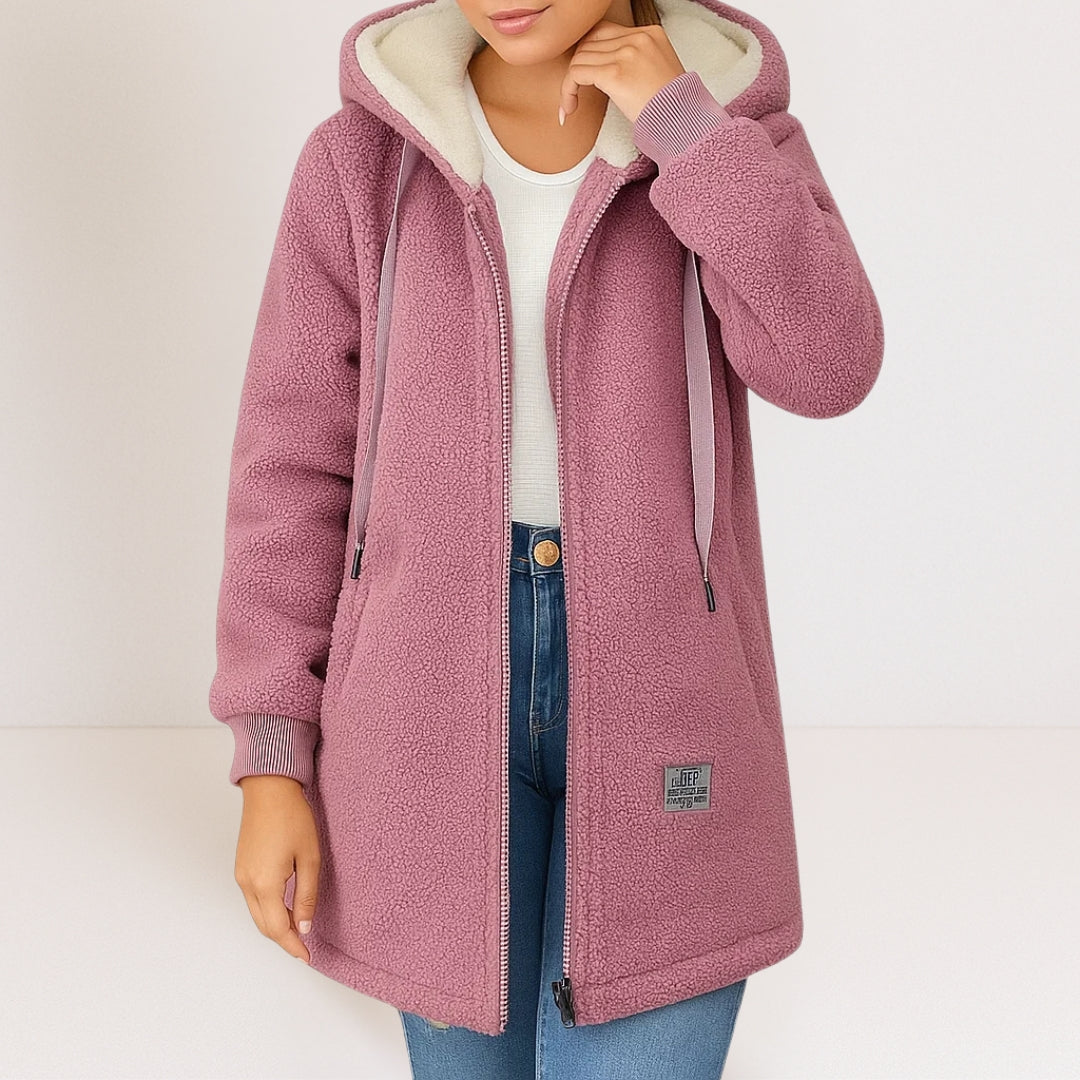 Jacket - Women's Hooded Longline with Zip Front, Drawstring Hood, Patch Pockets & Ribbed Cuffs, Relaxed Fit