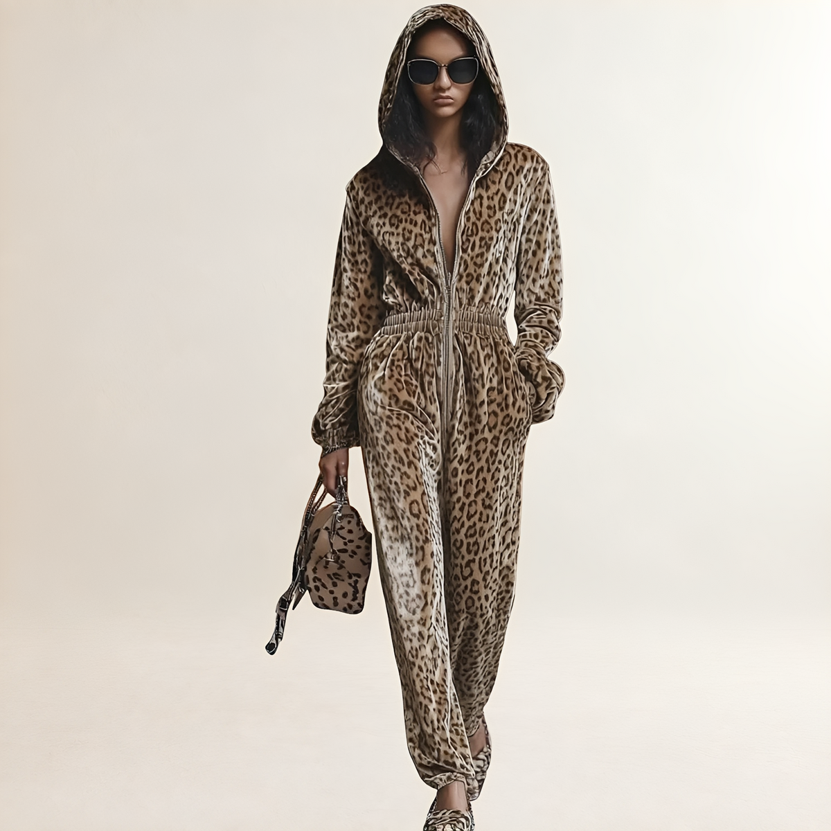 Jumpsuit for Women Leopard Print Zipper Hooded Loose Fit