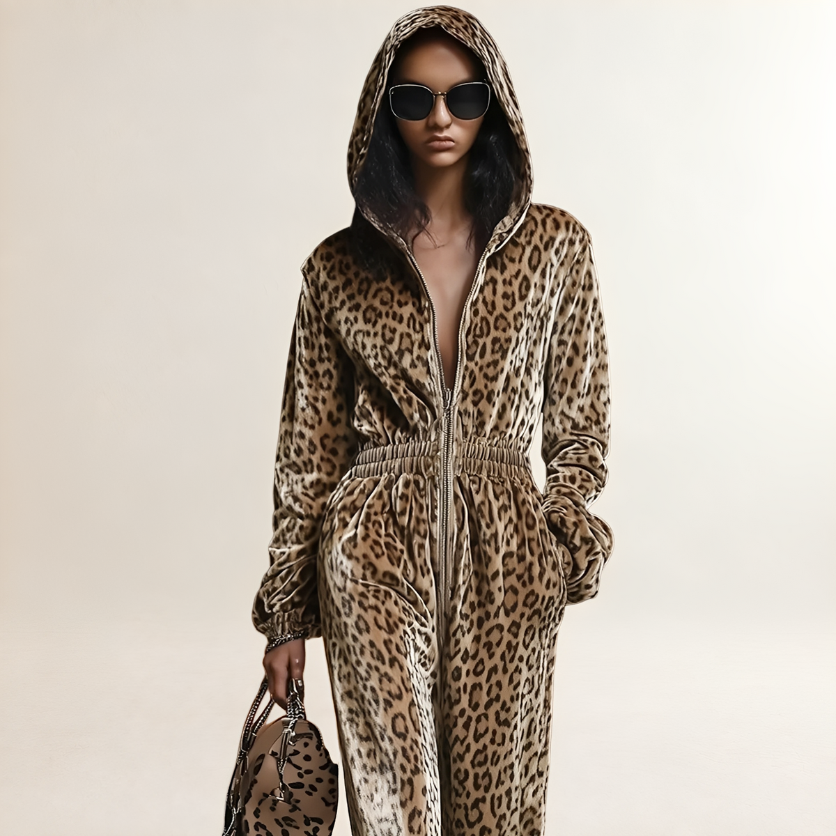 Jumpsuit for Women Leopard Print Zipper Hooded Loose Fit