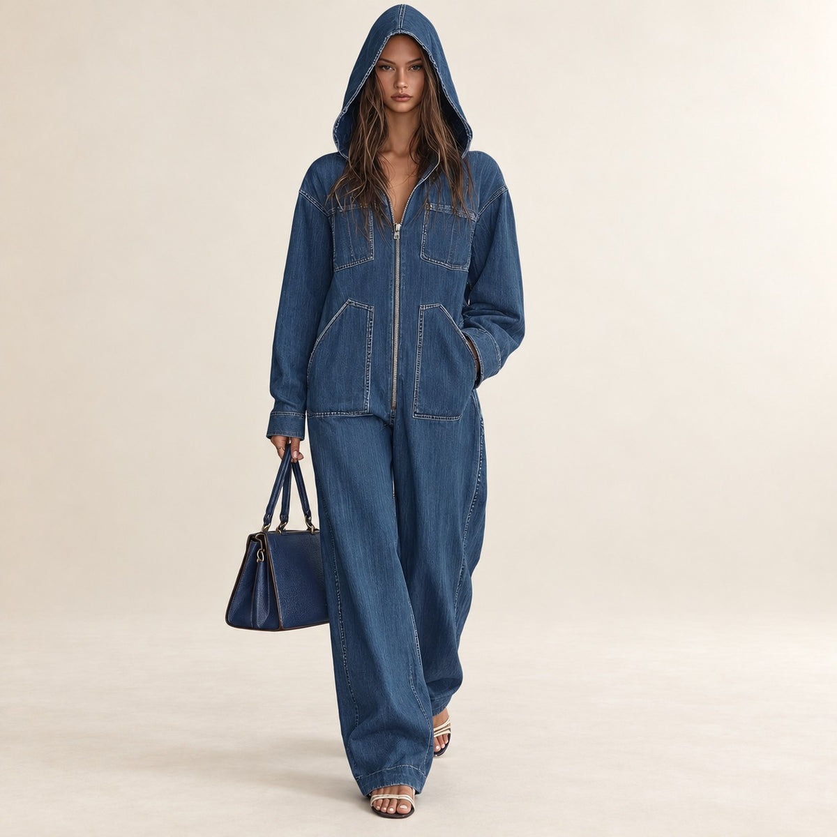Jumpsuit Women Hooded Zip Front with Pockets - Loose Fit Wide Leg