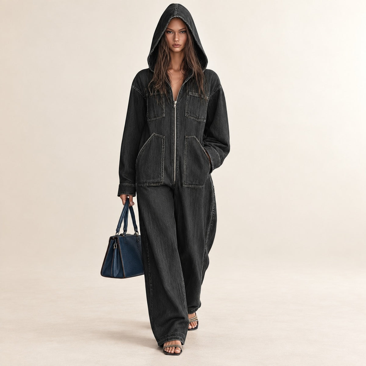 Jumpsuit Women Hooded Zip Front with Pockets - Loose Fit Wide Leg