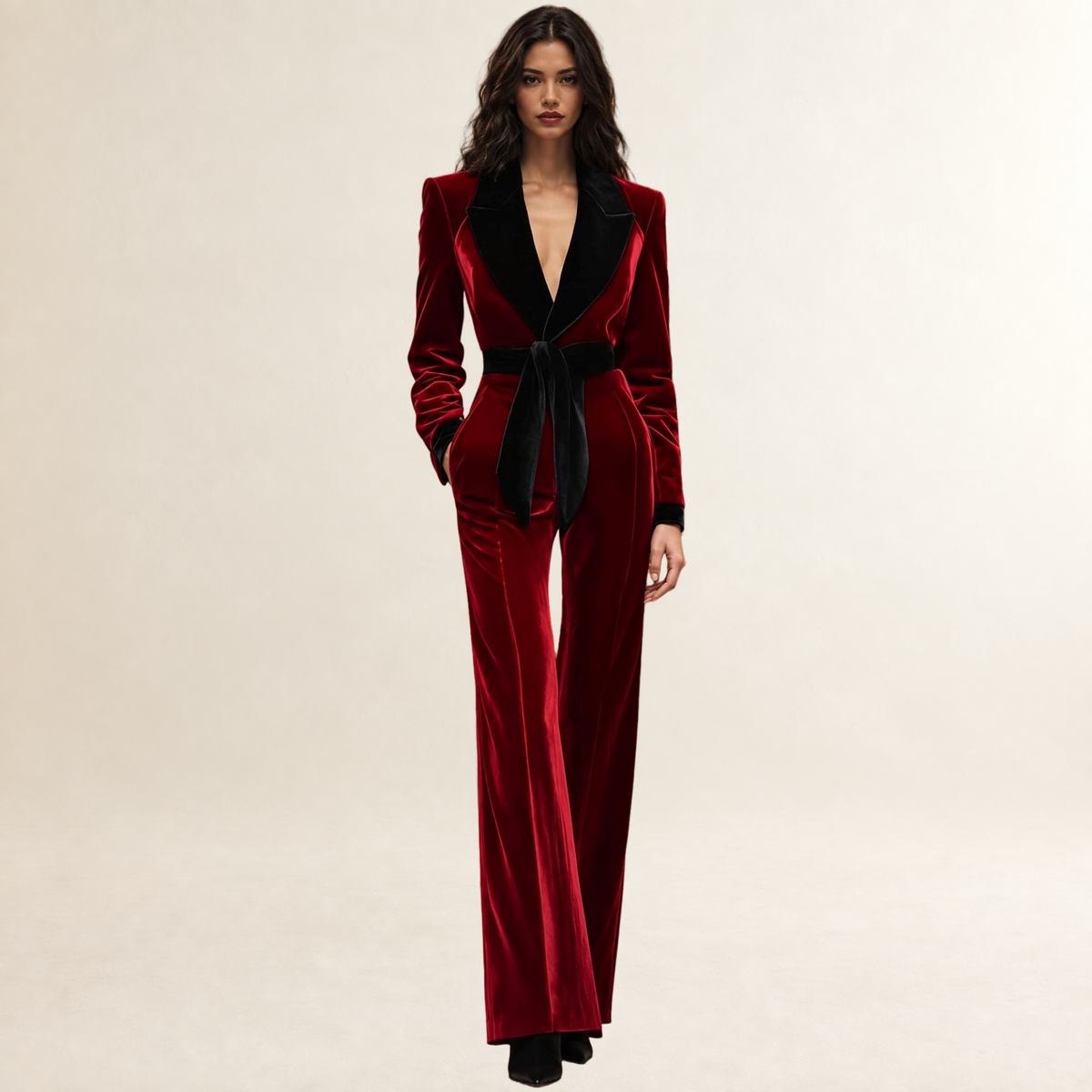 Jumpsuit Women Lapel Belted Design - Wide Leg Silhouette