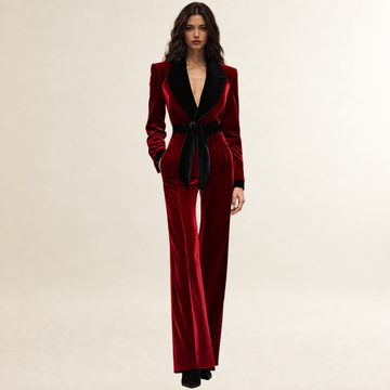 Jumpsuit Women Lapel Belted Design - Wide Leg Silhouette