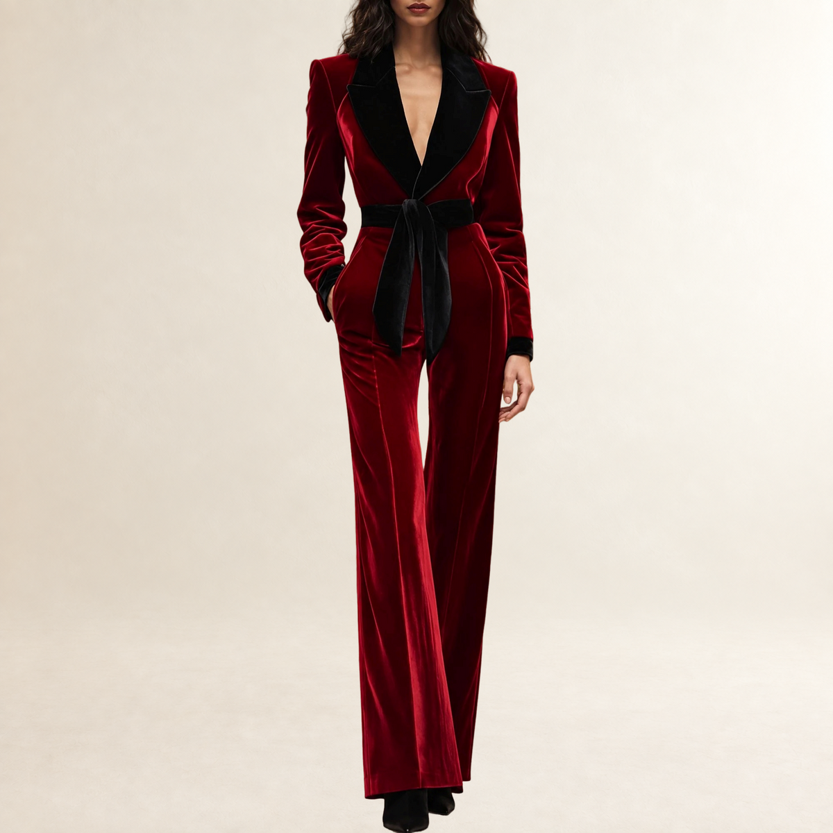 Jumpsuit Women Lapel Belted Design - Wide Leg Silhouette