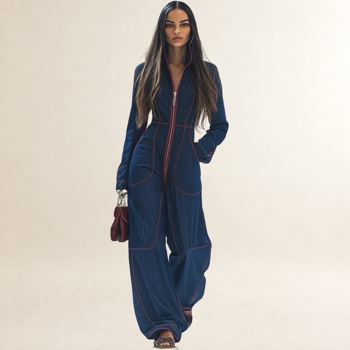Jumpsuit Women Zip Front Red Topstitching Wide Leg Long Sleeve