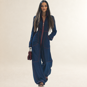 Jumpsuit Women Zip Front Red Topstitching Wide Leg Long Sleeve