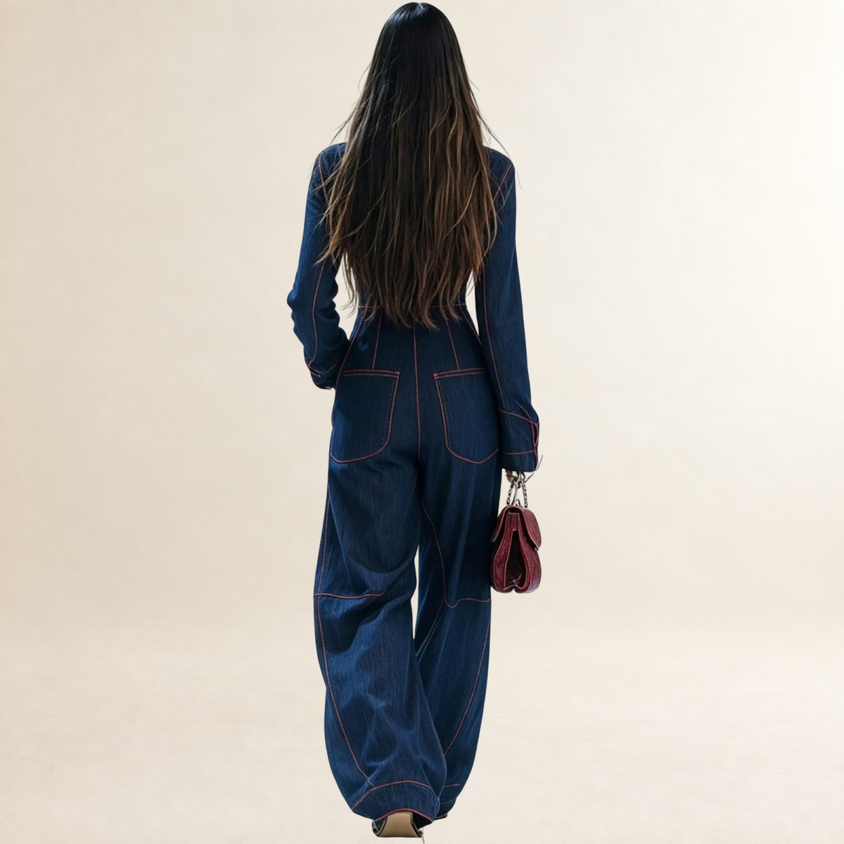 Jumpsuit Women Zip Front Red Topstitching Wide Leg Long Sleeve