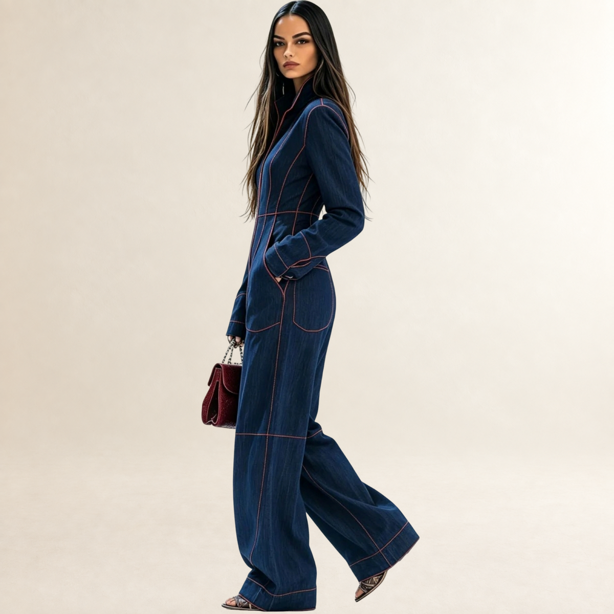 Jumpsuit Women Zip Front Red Topstitching Wide Leg Long Sleeve