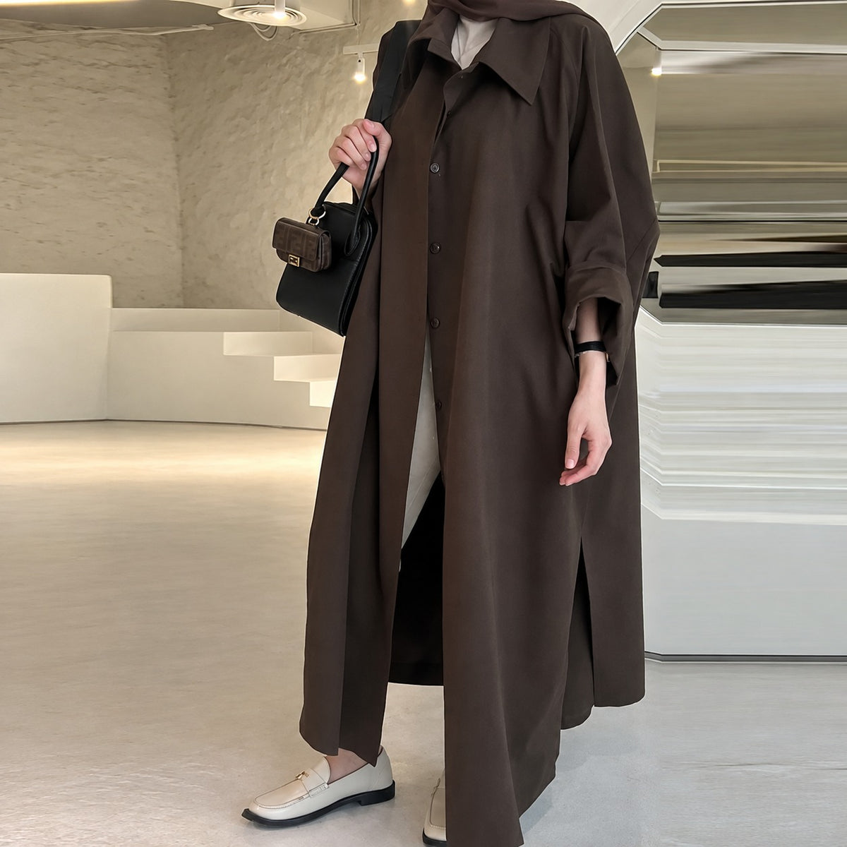 Long Coat Women Oversized Fit Button Closure Side Pockets