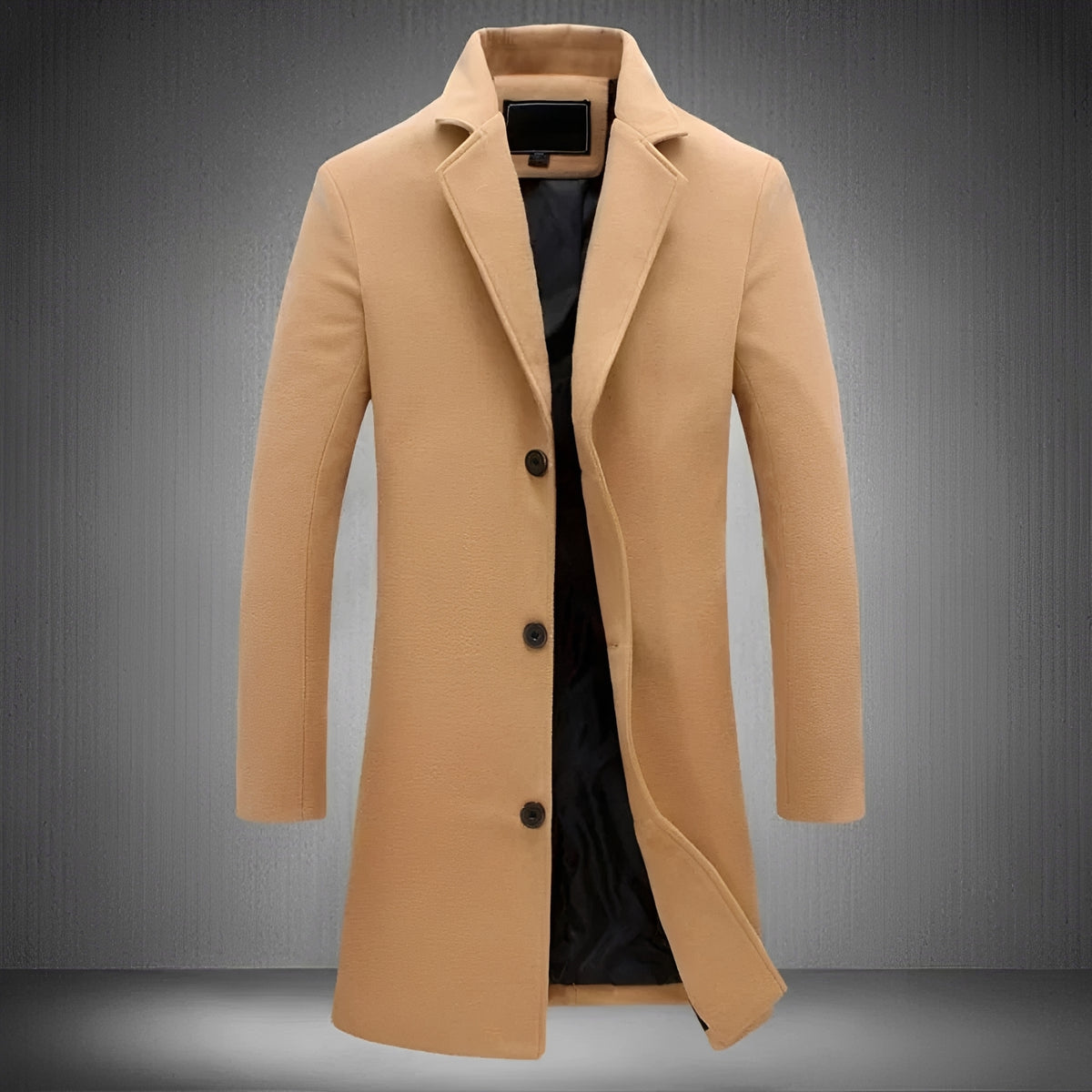 Long Men's Coat - Classic Lapel, Button Closure, Side Pockets, Regular Fit