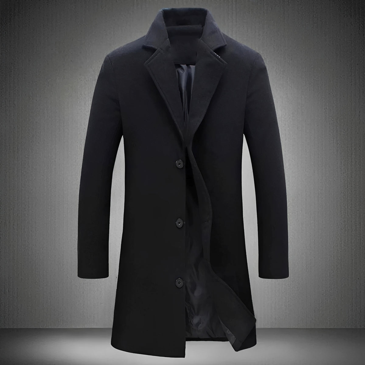 Long Men's Coat - Classic Lapel, Button Closure, Side Pockets, Regular Fit