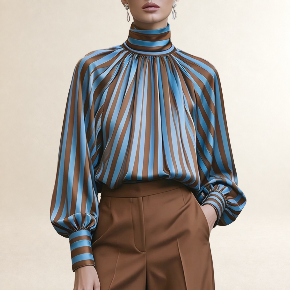 Long Sleeve Blouse for Women High Neck Pleated Design with Balloon Sleeves