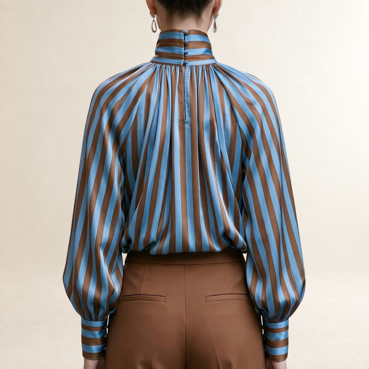 Long Sleeve Blouse for Women High Neck Pleated Design with Balloon Sleeves