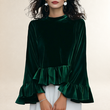 Long Sleeve Blouse Women Ruffle-Trim Round Neck - Relaxed Fit