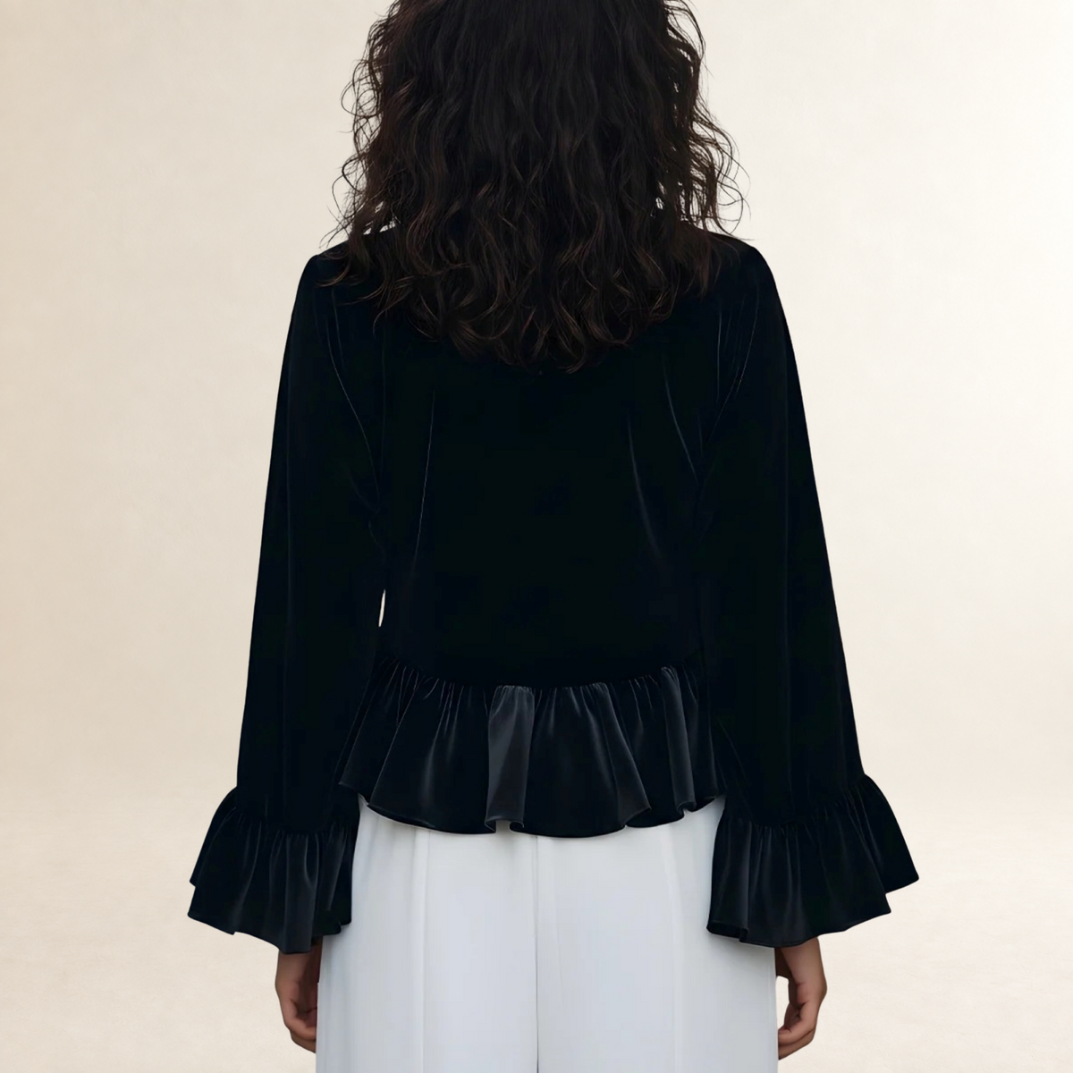 Long Sleeve Blouse Women Ruffle-Trim Round Neck - Relaxed Fit
