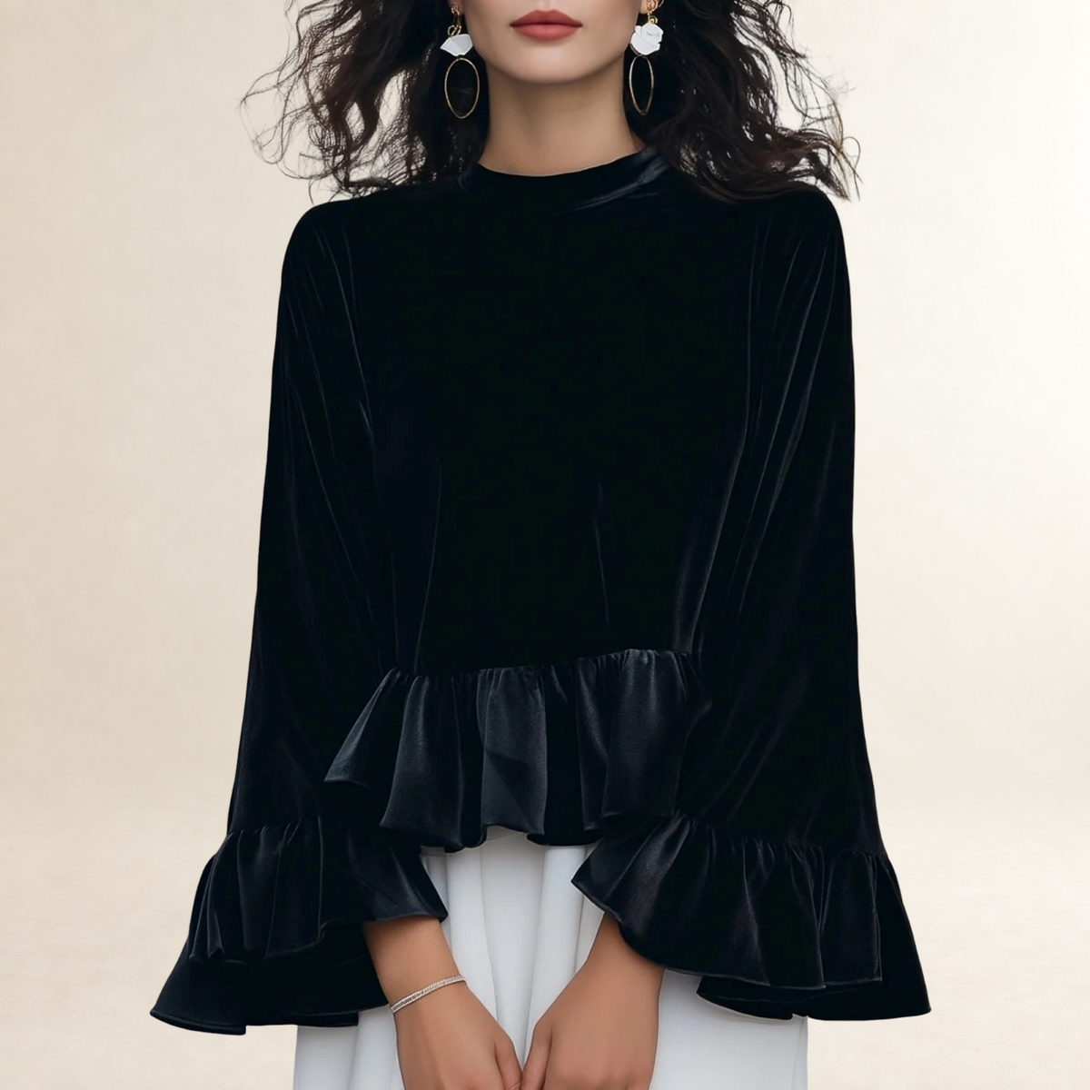 Long Sleeve Blouse Women Ruffle-Trim Round Neck - Relaxed Fit