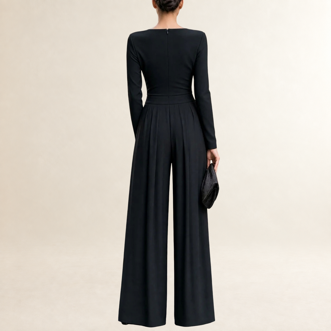 Long Sleeve Jumpsuit for Women with Boat Neckline and Wide-Leg Trousers - Tailored Fit