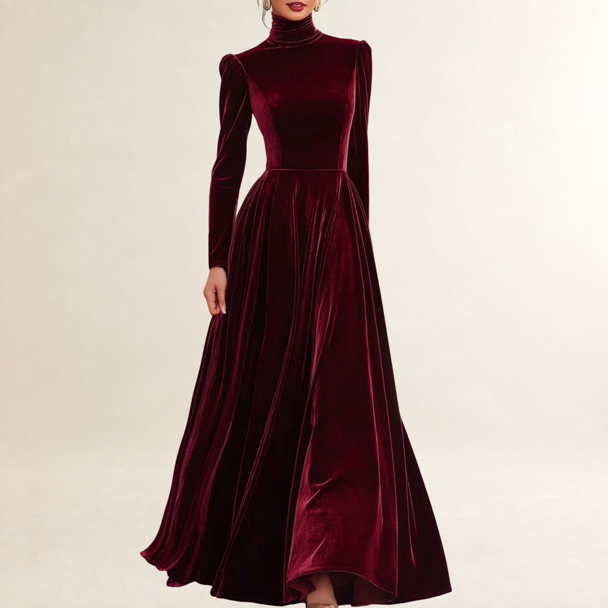 Long Sleeve Maxi Dress Women High Neck with Fitted Bodice - Elegant Silhouette
