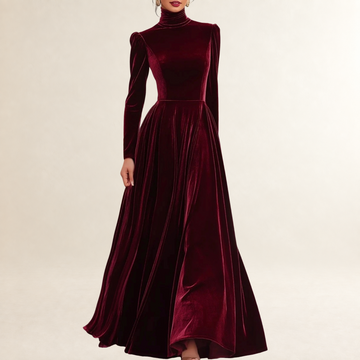 Long Sleeve Maxi Dress Women High Neck with Fitted Bodice - Elegant Silhouette