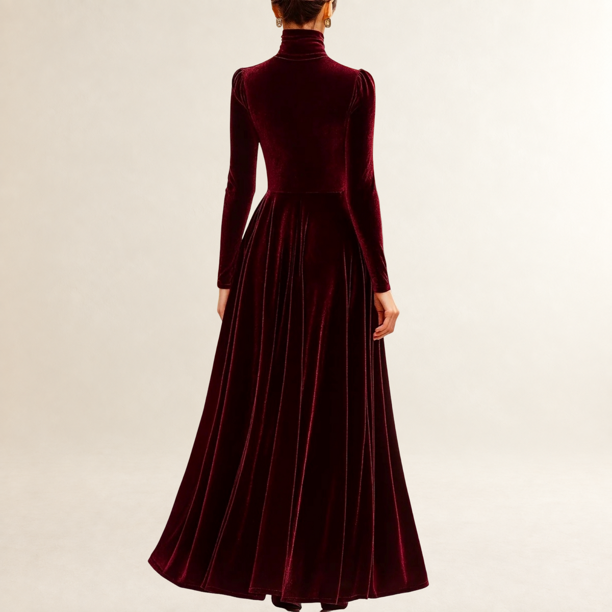 Long Sleeve Maxi Dress Women High Neck with Fitted Bodice - Elegant Silhouette