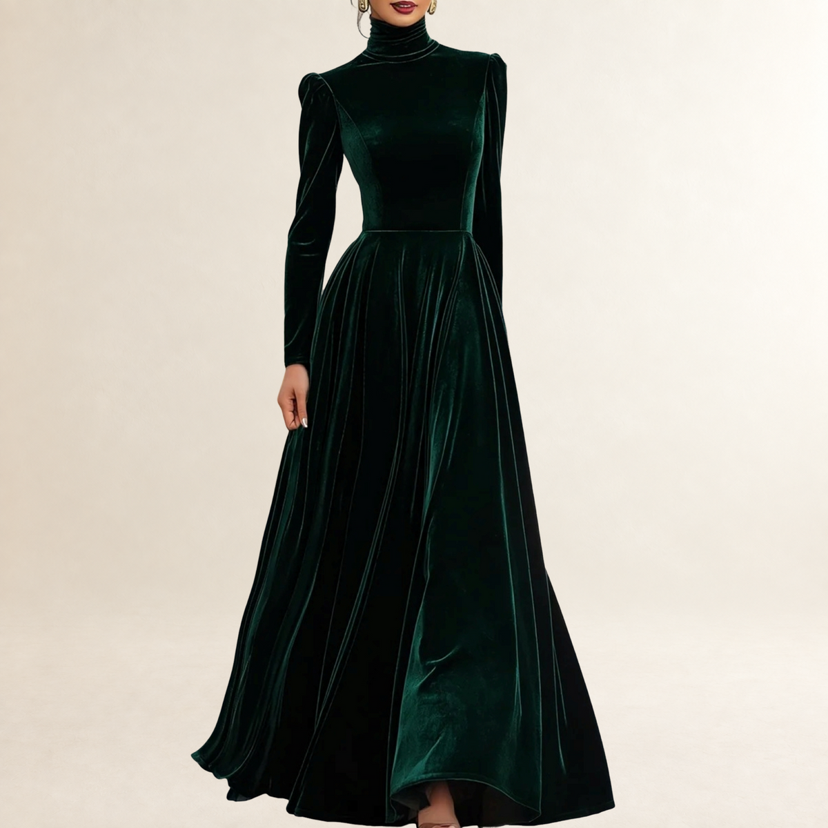 Long Sleeve Maxi Dress Women High Neck with Fitted Bodice - Elegant Silhouette