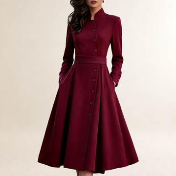 Long Sleeve Midi Dress for Women Button-Down Band Collar with Belted Waist
