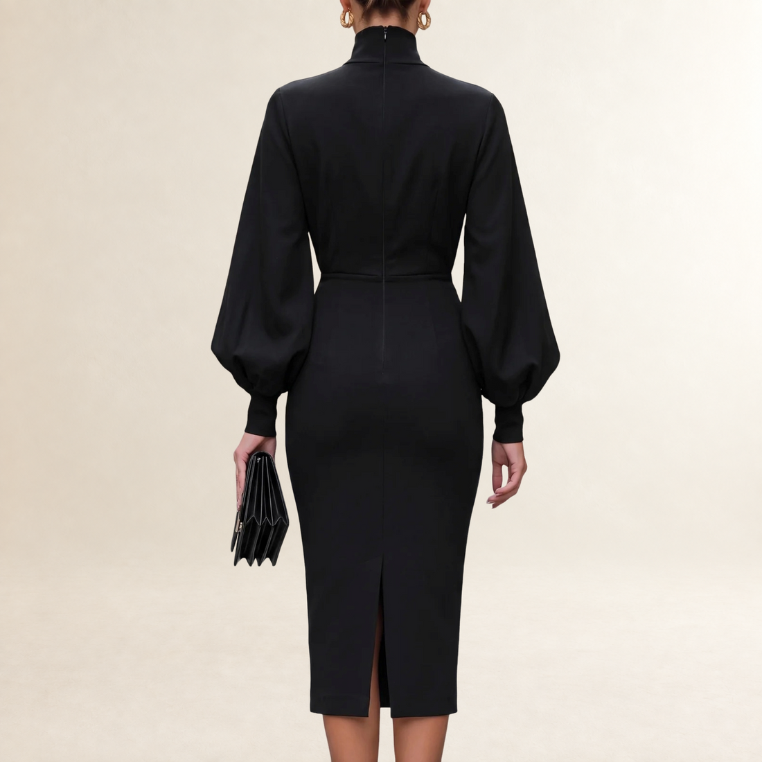 Long Sleeve Midi Dress for Women Mock Neck with Bishop Sleeves and Fitted Pencil Skirt