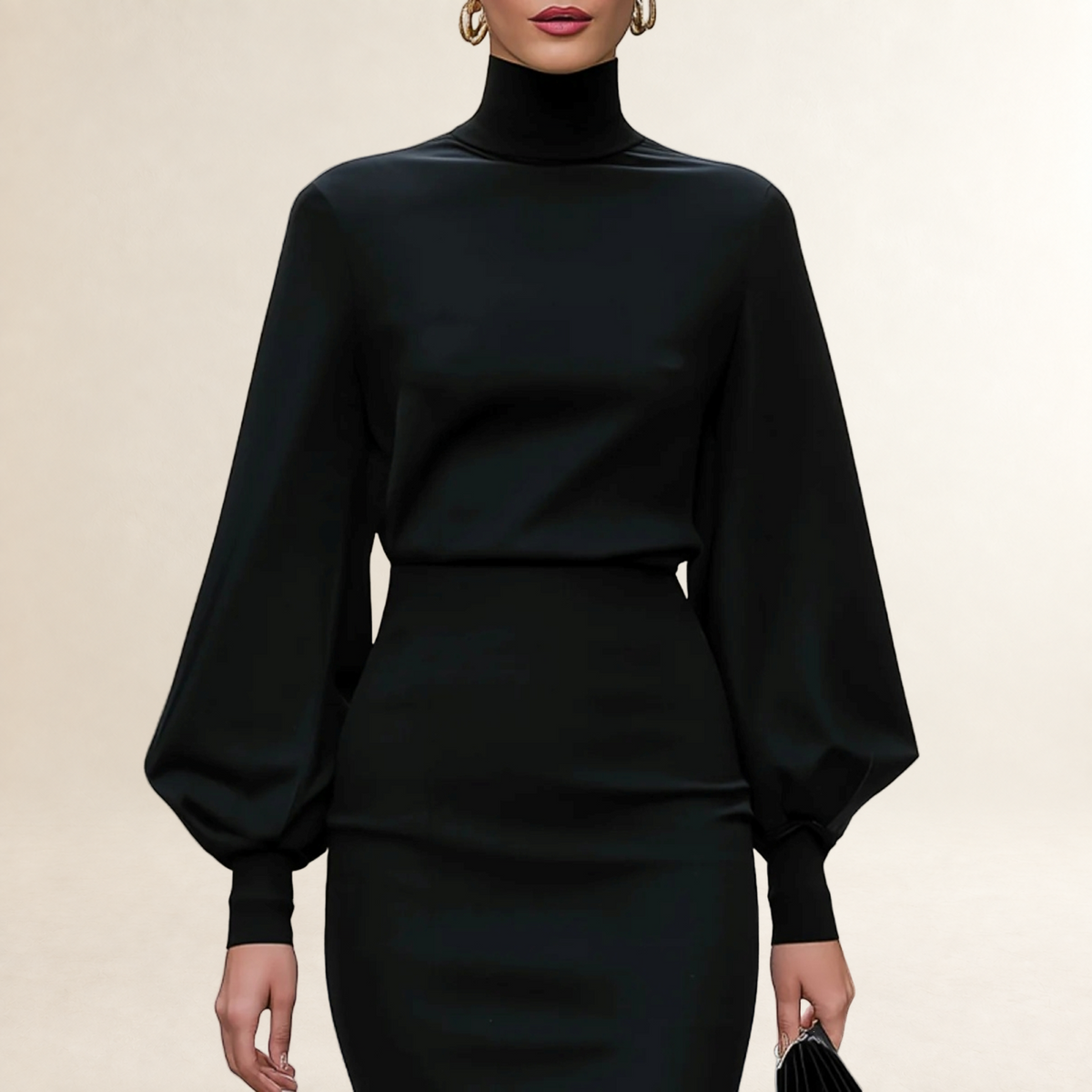 Long Sleeve Midi Dress for Women Mock Neck with Bishop Sleeves and Fitted Pencil Skirt