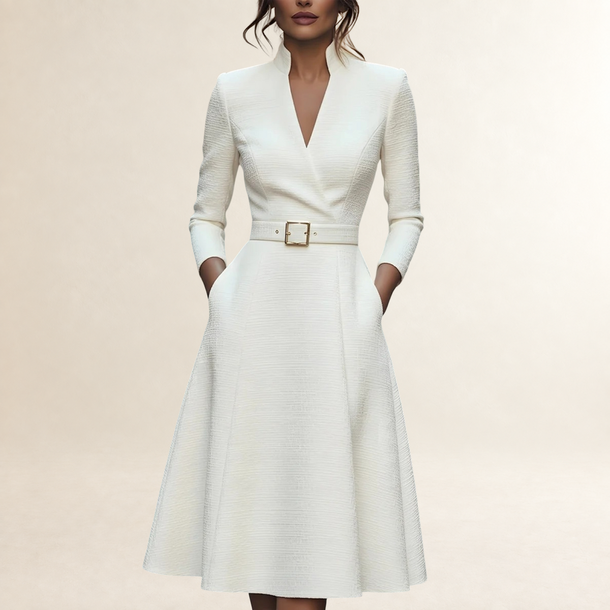 Long Sleeve Midi Dress for Women with Belted Waist and V-Neckline - A-Line Silhouette