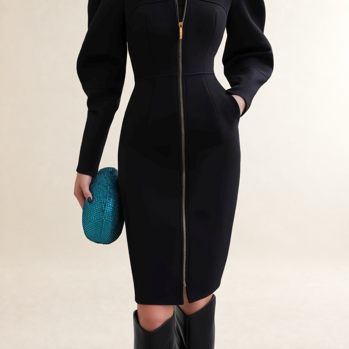 Long Sleeve Midi Dress for Women with Puffed Sleeves and Front Zipper - Tailored Fit