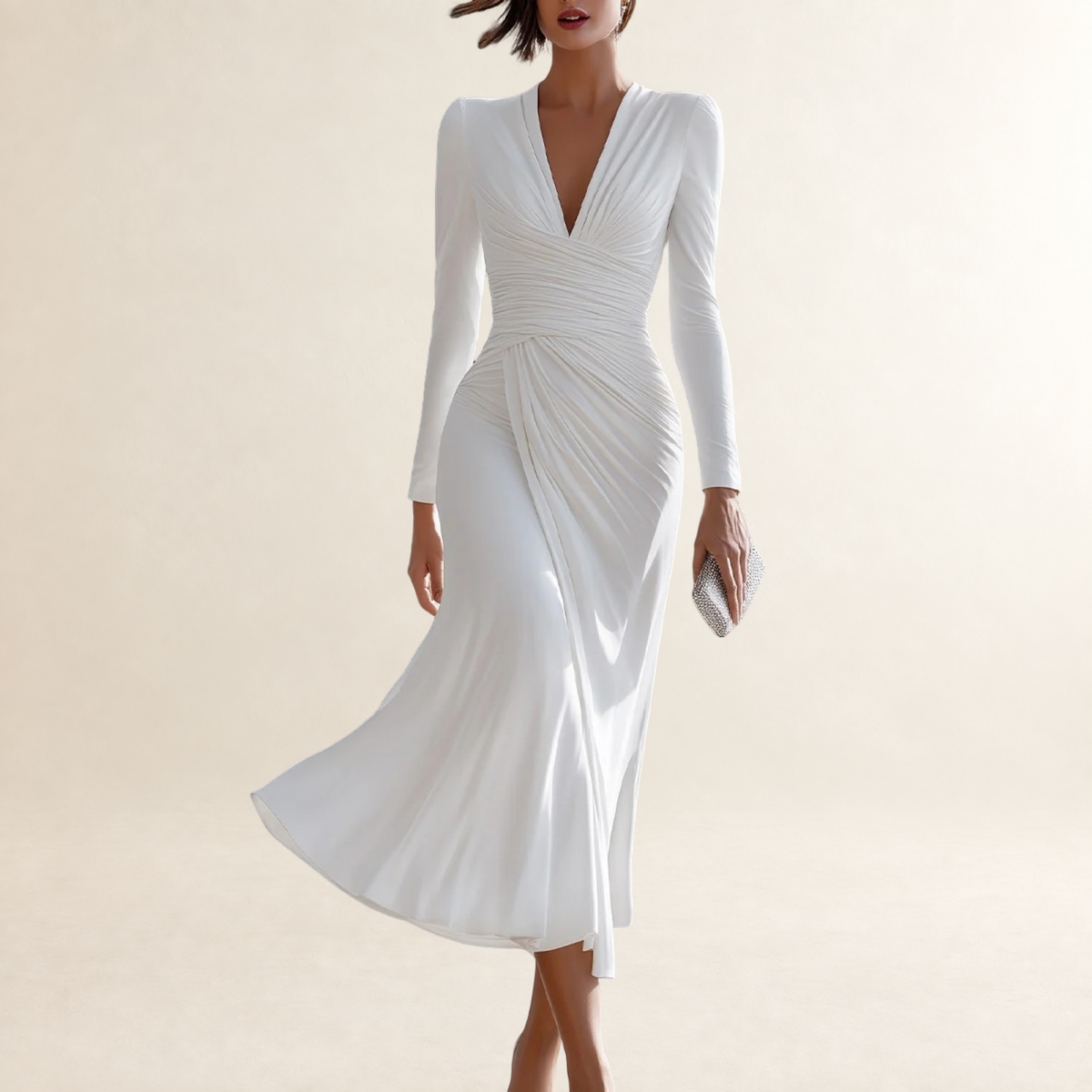 Long Sleeve Midi Dress for Women with Ruched V-Neck and Flared Hem