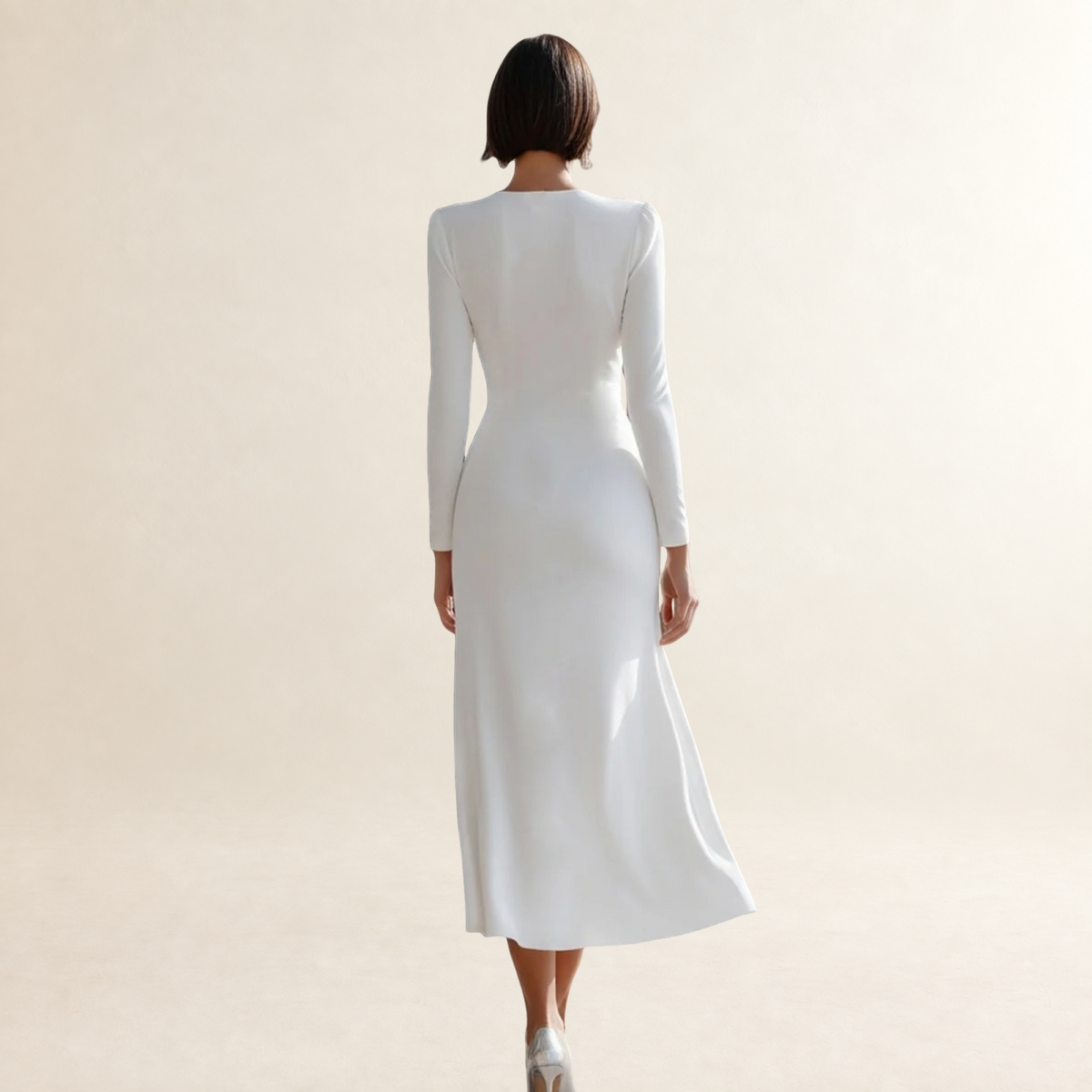 Long Sleeve Midi Dress for Women with Ruched V-Neck and Flared Hem
