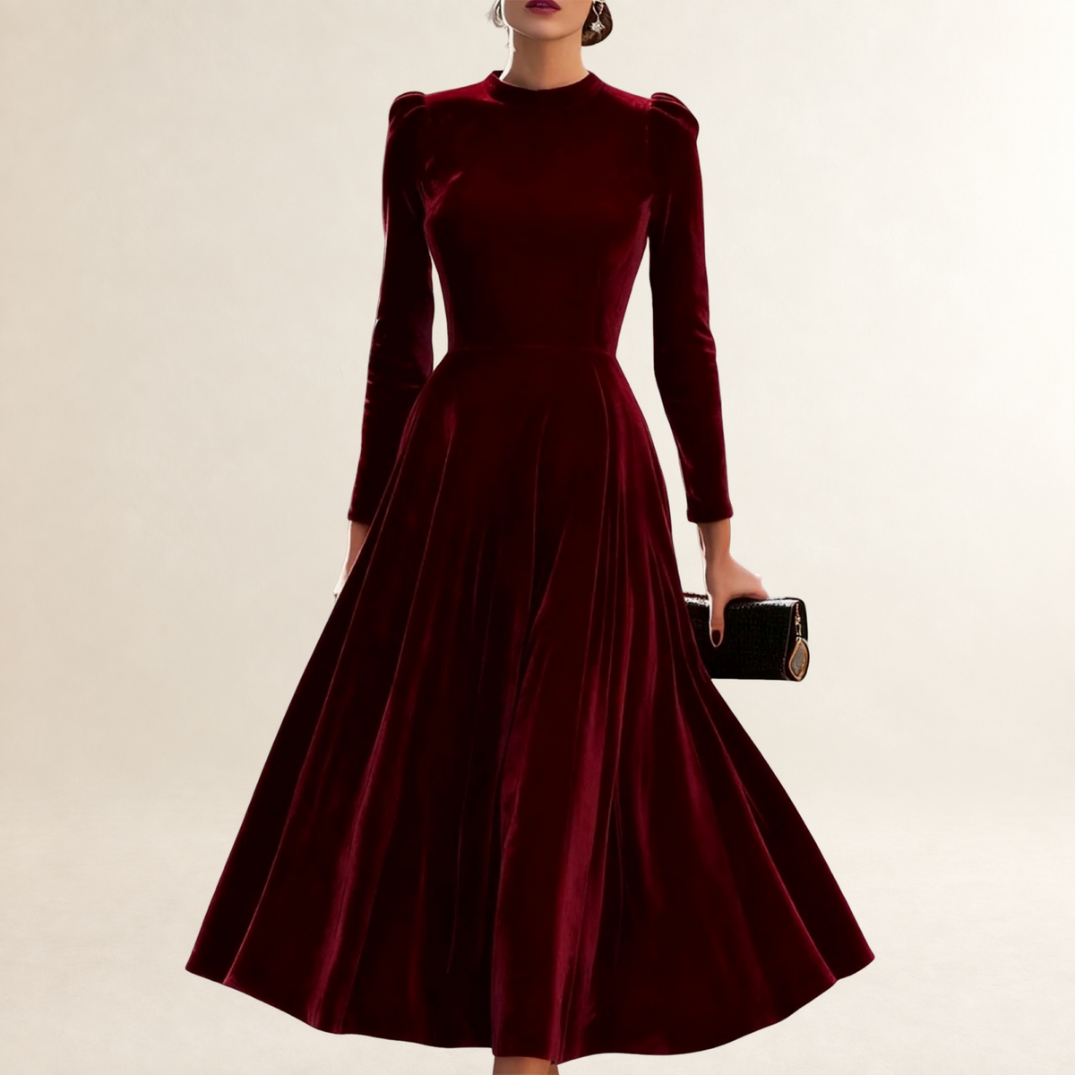 Long Sleeve Midi Dress Women Fitted Bodice Flared Skirt - Elegant Silhouette
