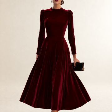 Long Sleeve Midi Dress Women Fitted Bodice Flared Skirt - Elegant Silhouette