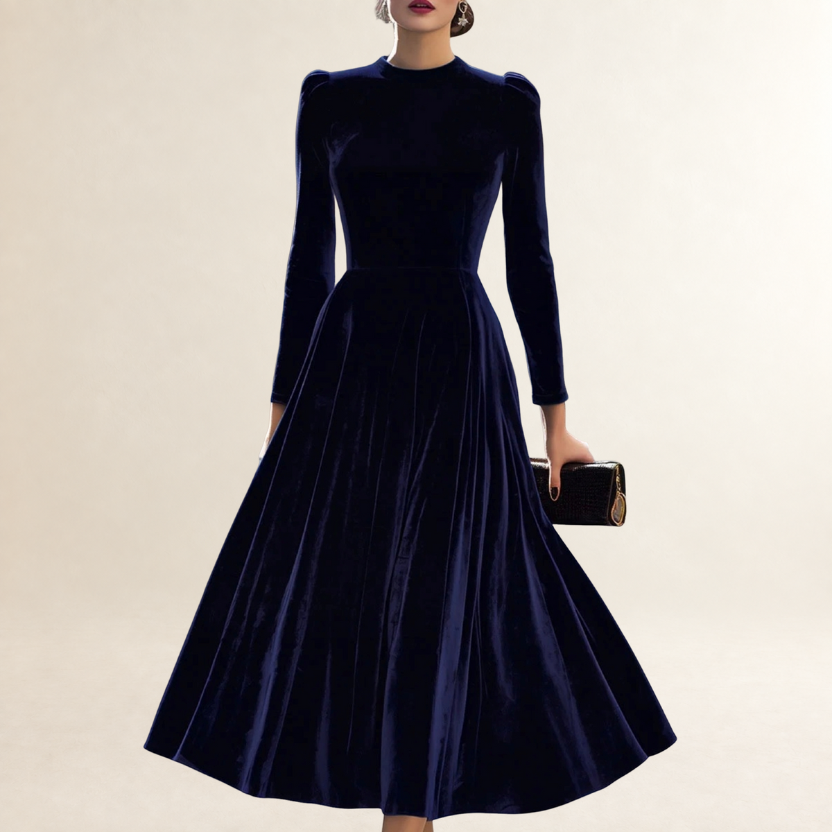 Long Sleeve Midi Dress Women Fitted Bodice Flared Skirt - Elegant Silhouette