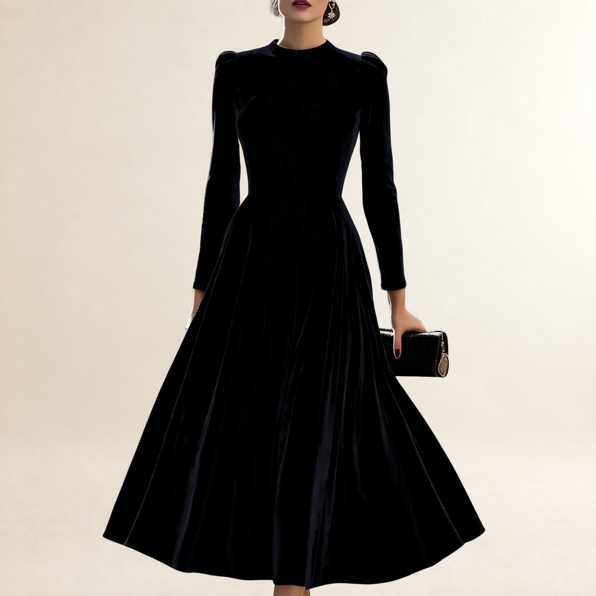 Long Sleeve Midi Dress Women Fitted Bodice Flared Skirt - Elegant Silhouette