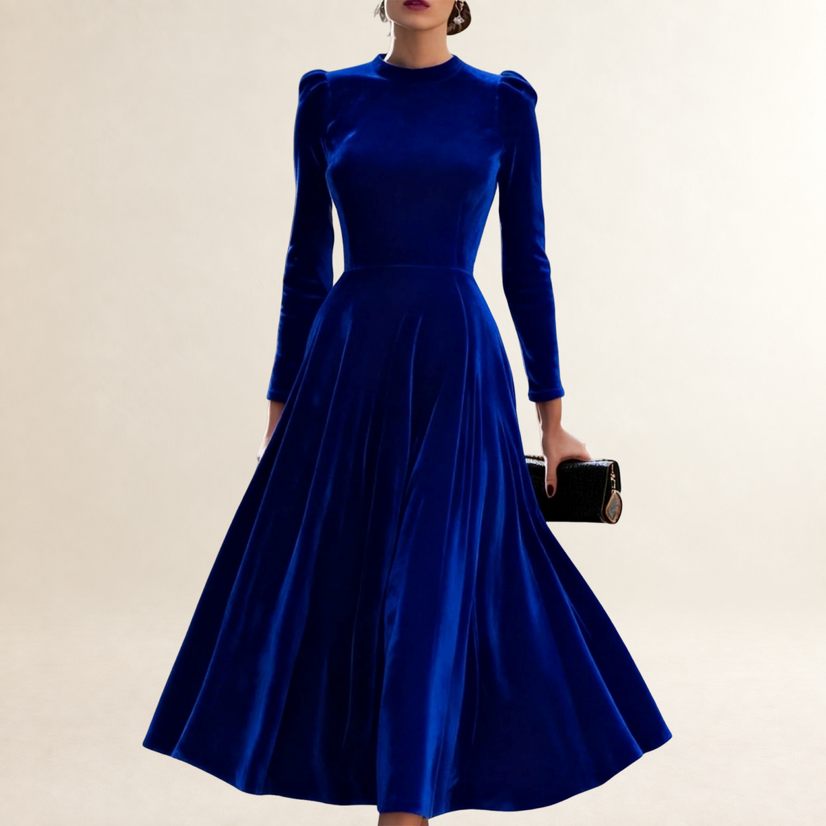 Long Sleeve Midi Dress Women Fitted Bodice Flared Skirt - Elegant Silhouette