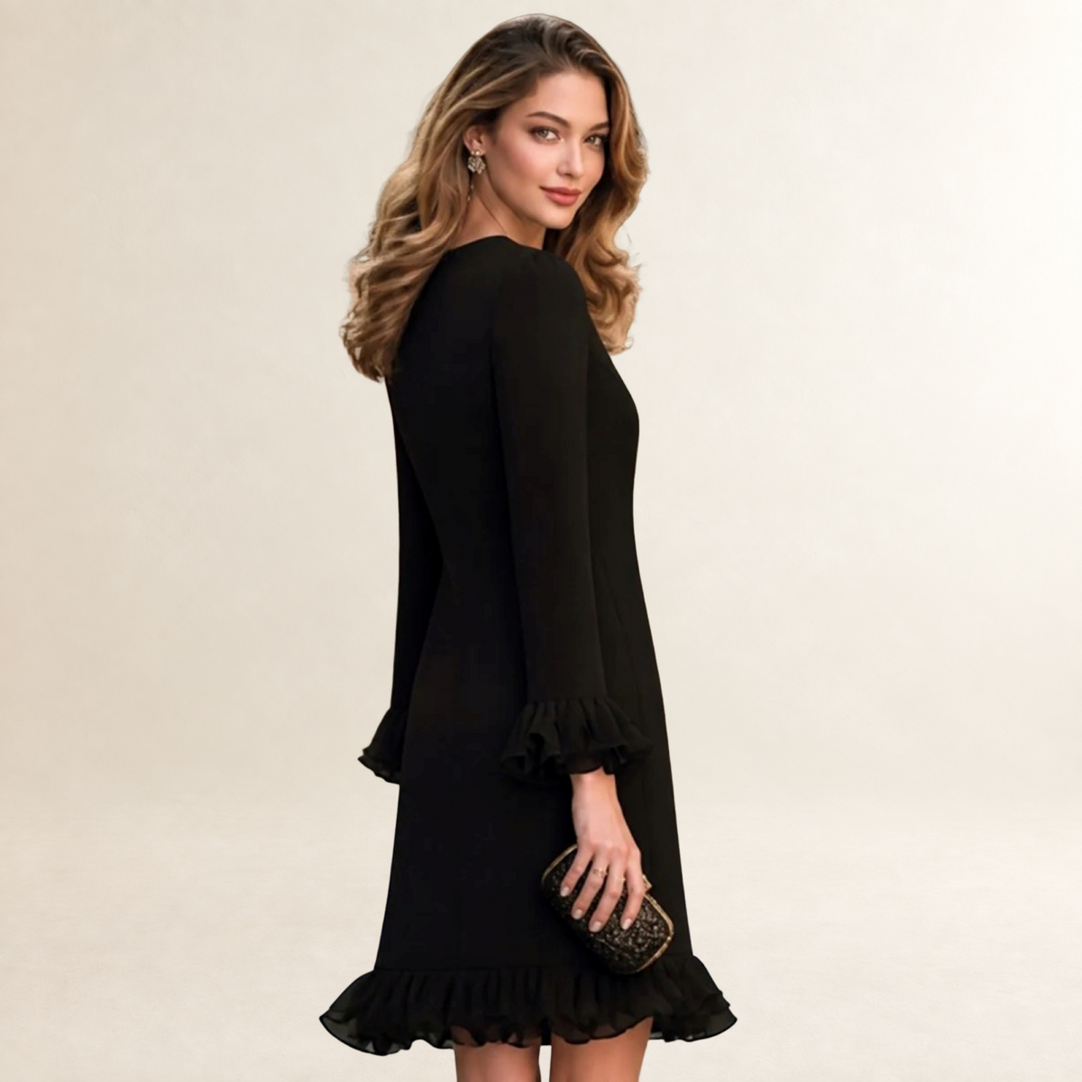 Long Sleeve Mini Dress for Women V-Neck with Ruffle Hem and Cuffs