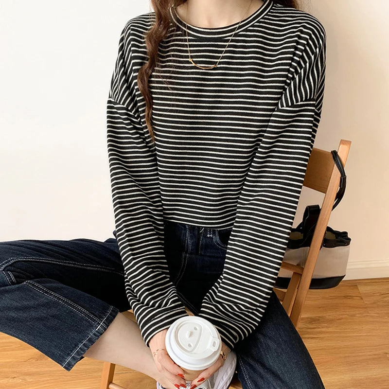 Long-Sleeve Shirt for Women - Striped Pattern with Relaxed Fit