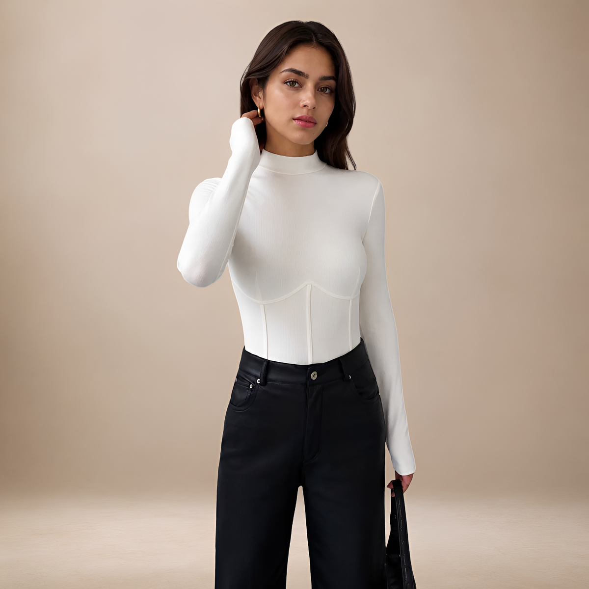 Long Sleeve T-Shirt for Women - Mock Neck, Corset Design, Slim Fit