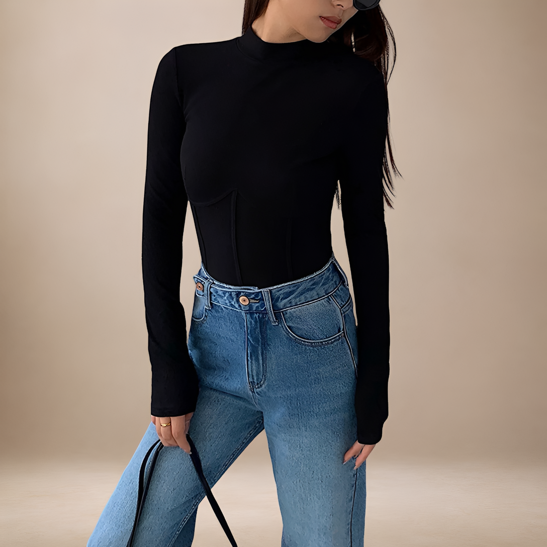 Long Sleeve T-Shirt for Women - Mock Neck, Corset Design, Slim Fit